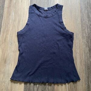 Rib Knit Cotton‎ Ruffle Trim Racerback Blue Layering Tank Top Medium 90s Minimal
